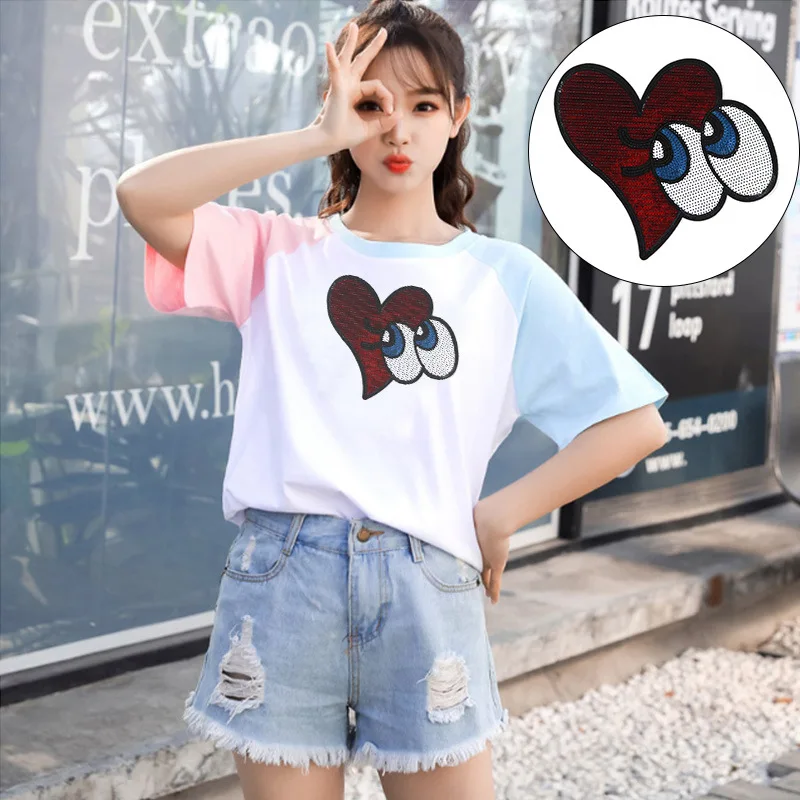 

Large Sequined Heart-Eye Hand Embroidered Sticker for Clothing DIY Sew On Iron On Patch Embroidered Applique Sewing Badge