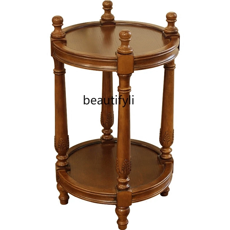 

yj American Flower Stand Solid Wood round Double-Layer Shelf Side Table European-Style Carved Tea Table