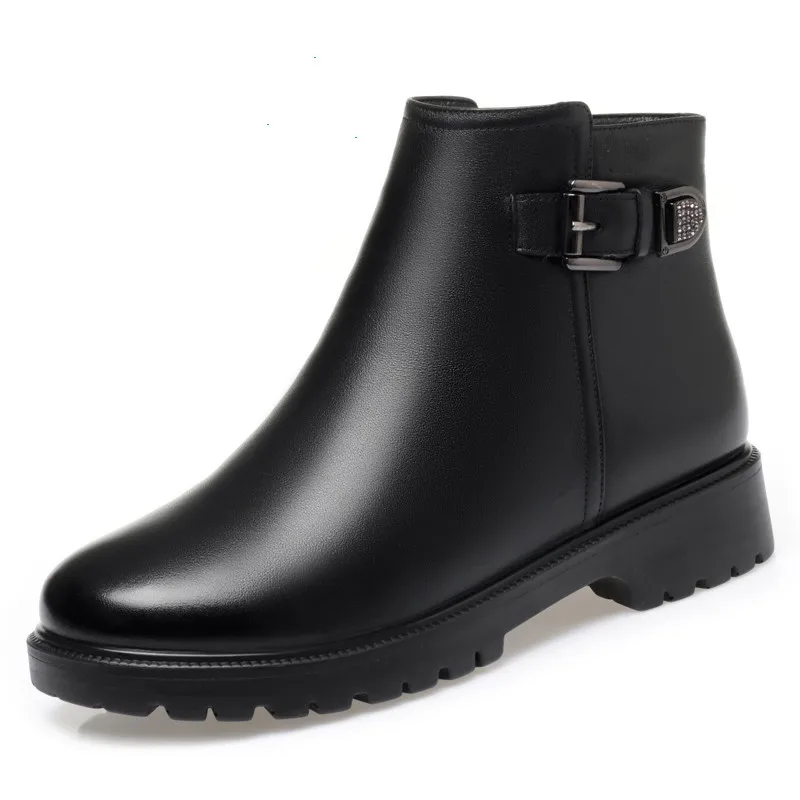 Winter Genuine Leather Women Boots Ankle Boots Keep Warm Wool Snow Boots Non-slip Shoes Mother Soft Comfortable Low Heels Shoes