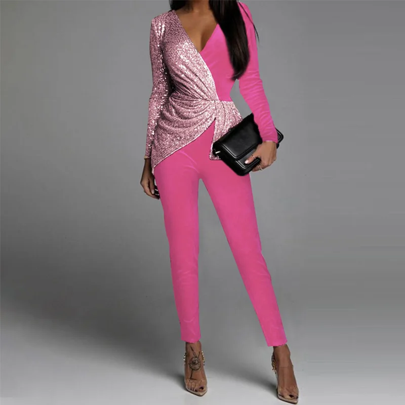 

Модные блестящие комбинезоны в стиле пэчворк 2022, женский сексуальный комбинезон с глубоким V-образным вырезом и длинным рукавом, Блестящие ...