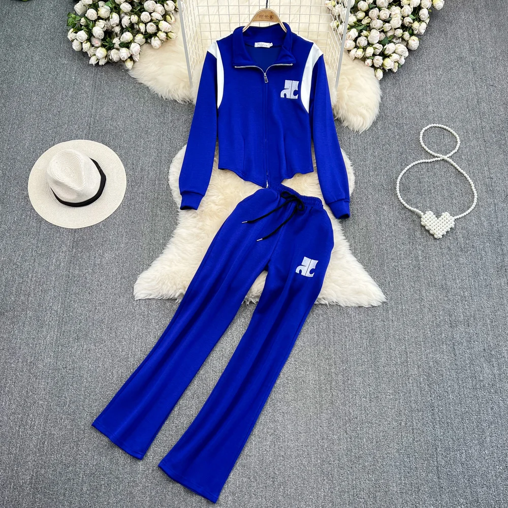 

Fashion Sports Suit Female Korean Version Temperament Bump Color Lapel Slim Knit Top + High Waist Wide Leg Pants Two Pieces