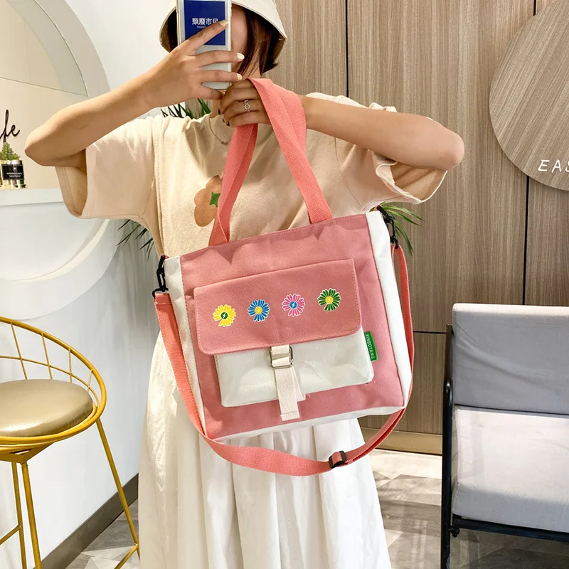 Girl Boy New Korean Style Bag Female Color Contrast Lovely Large Capacity Canvas Bags Student Printed Diagonal Bag
