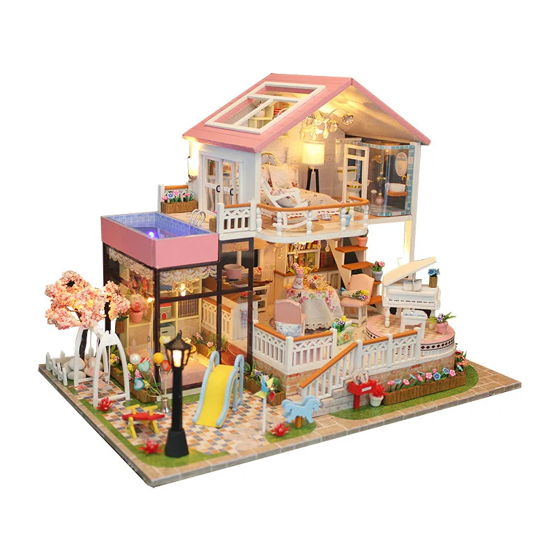 

DIY Assemble Dollhouse Wooden Led Lights Doll Houses Miniature Furniture With Big Garden Kitchen Villa Domek Dla Lalek Drewniany
