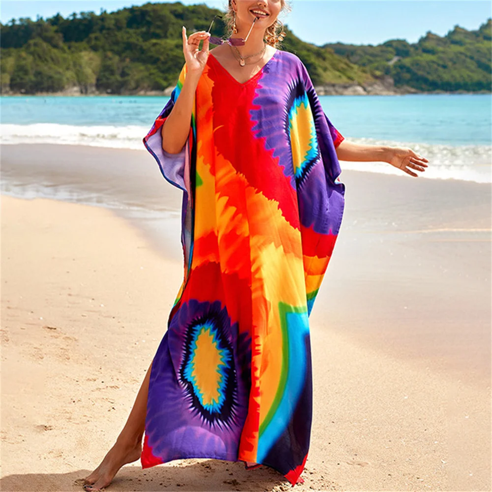 2022 длинный кафтан богемный принт бикини накидки сексуальный V-образный вырез