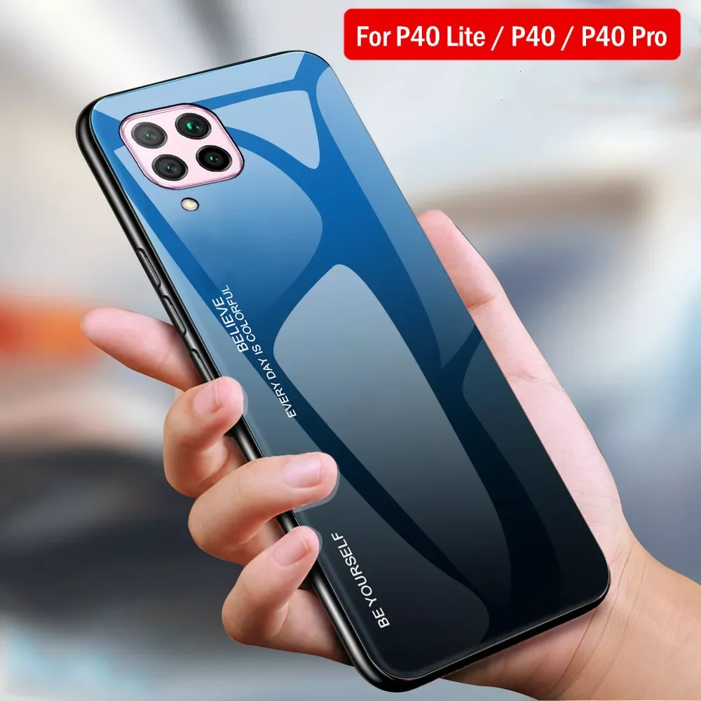 

For Huawei P40 Lite Case Gradient Tempered Glass Phone Case Silicone Frame Hard Glossy Glass Back Cover For P 40 Lite