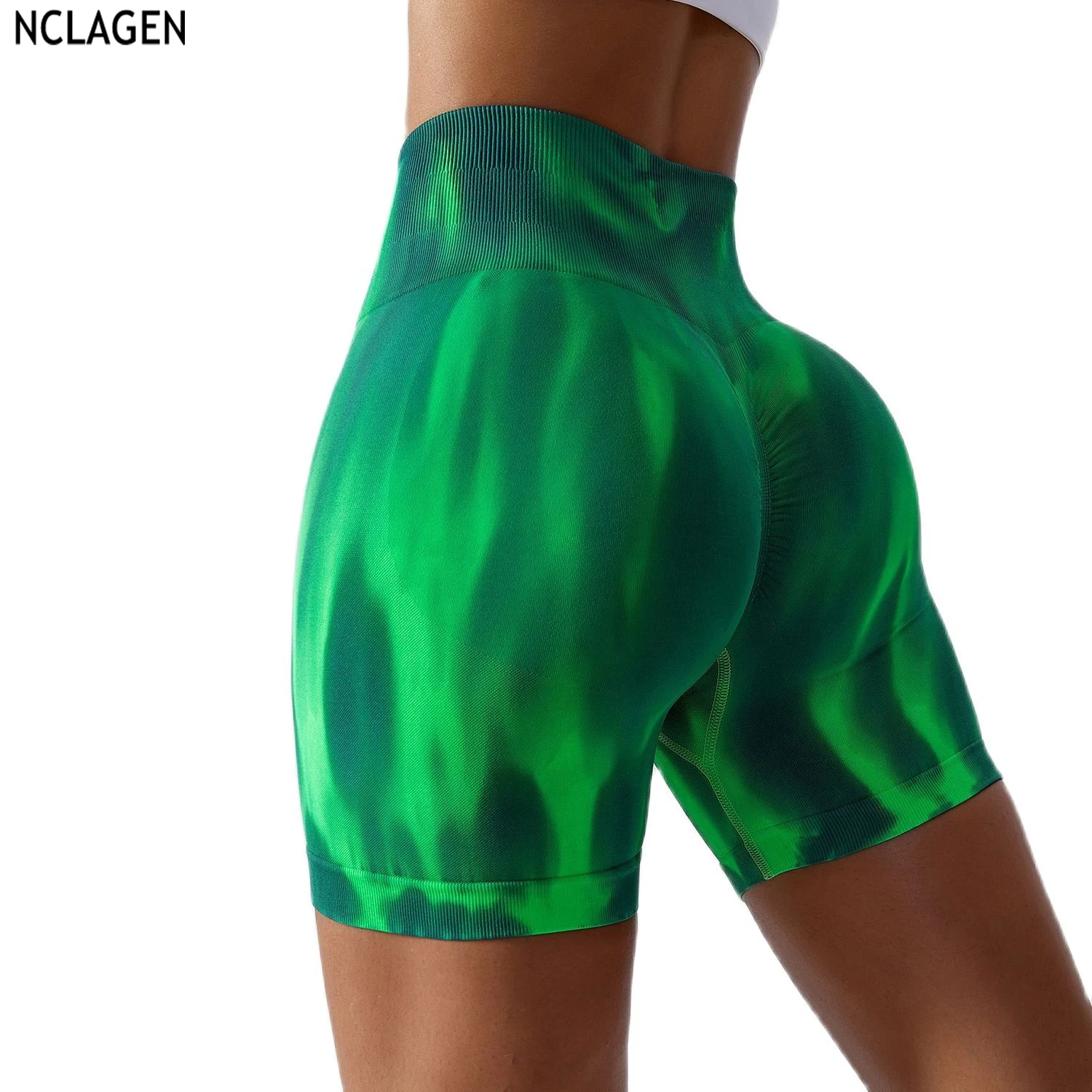 

NCLAGEN Tie Dyed Seamless Yoga Shorts Women's High Waist Hip Lift Running Leggings Sweat Elastic Tight Sports Fitness Shorts Gym