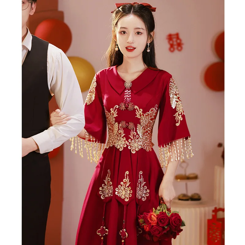 Chinese Toast Wedding Dress Burgundy Xiuhe Clothing Bridal Qipao Skirt Women 2023 New Engagement Summer Short New Year Dresses