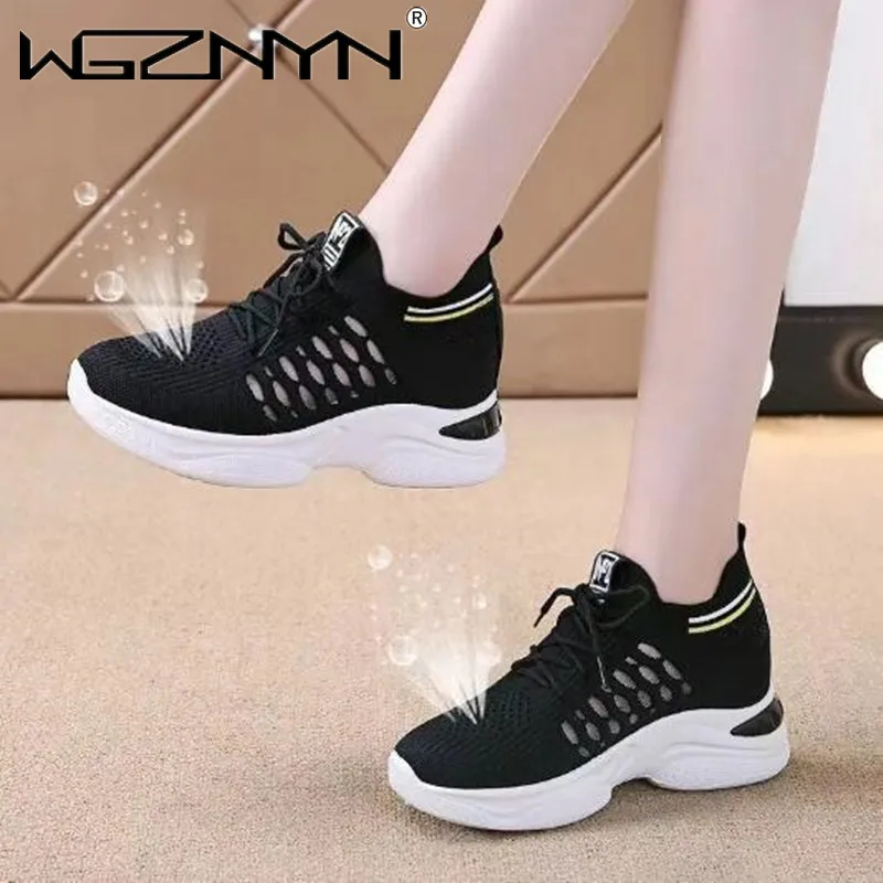 

Woman Fashion Platform Knitted Sneakers Wedge Shoes for Women Height Increasing Ladies Walking Lace Up Casual Shoes Zapatillas