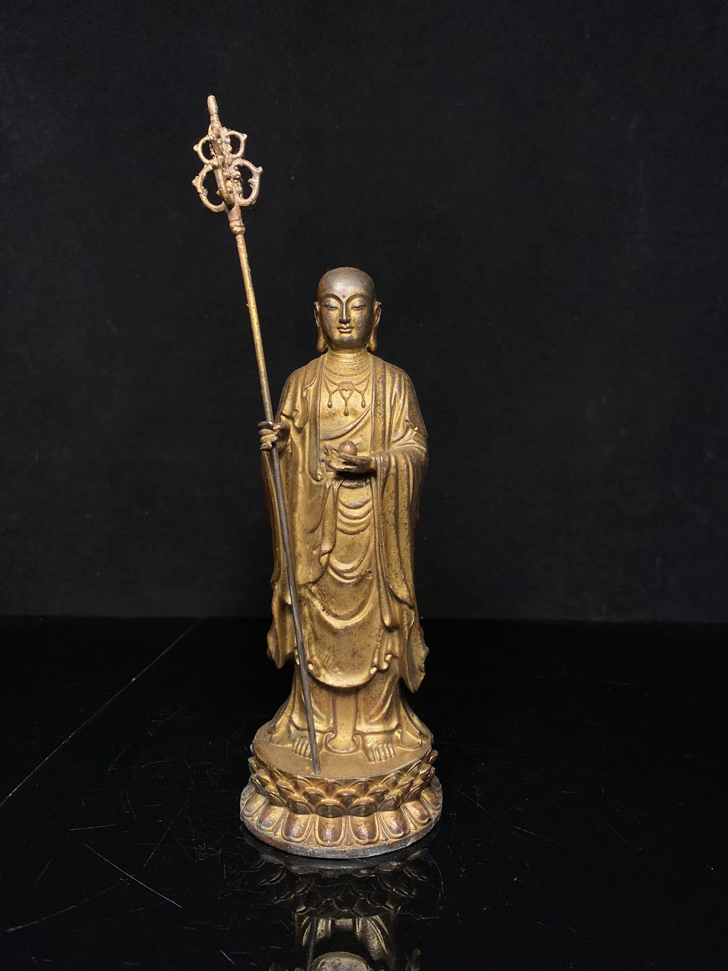 

10"Tibetan Temple Collection Old Bronze Cinnabar Mud gold Ksitigarbha Bodhisattva Amitabha Lotus Platform Worship Hall