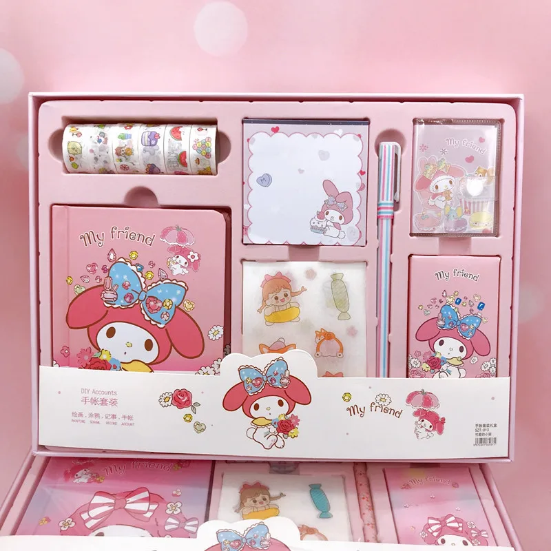 

7Pcs Sanrio Stationery Set Kawaii Cinnamoroll Kuromi Mymelody Cartoon Student Notebook Sticker Gel Pen Cute Kids Learning Gift