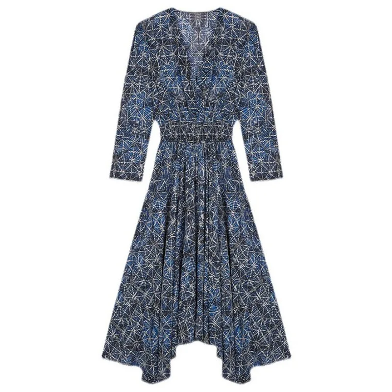 YILINHAN 2022 NEW Autumn Fashion Vintage Print Dress for Women V Neck French Designer Slim Fit Midi Dress Ladies Skirt Robe