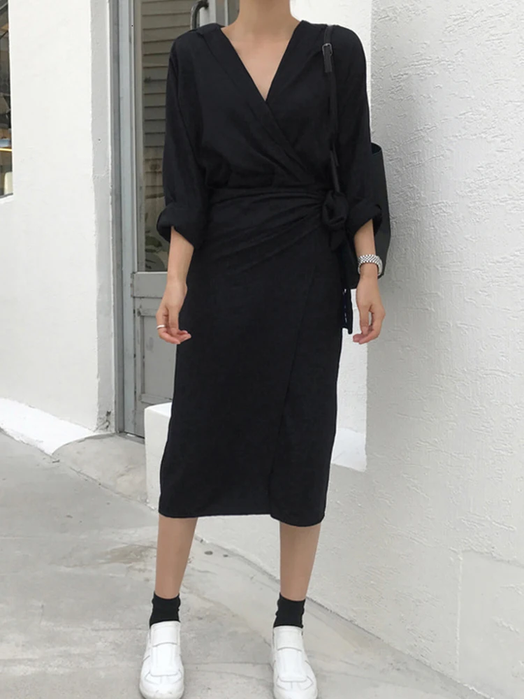 Женское платье TWOTWINSTYLE корейский стиль с рюшами на шнуровке v-образным вырезом