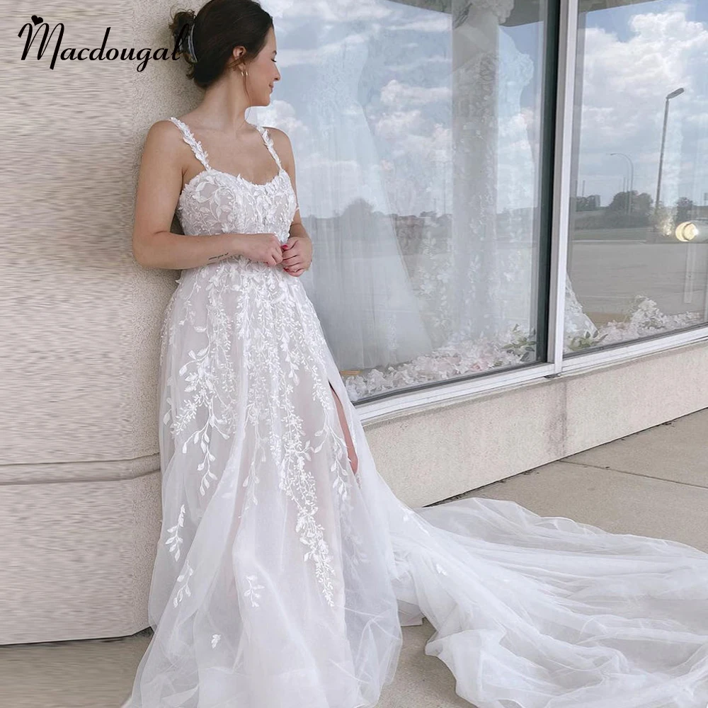 

MACDOUGAL Charming A-line Wedding Dresses Lace Appliques Split Spaghetti Straps Court Train Vestido De Noiva Customized 2024