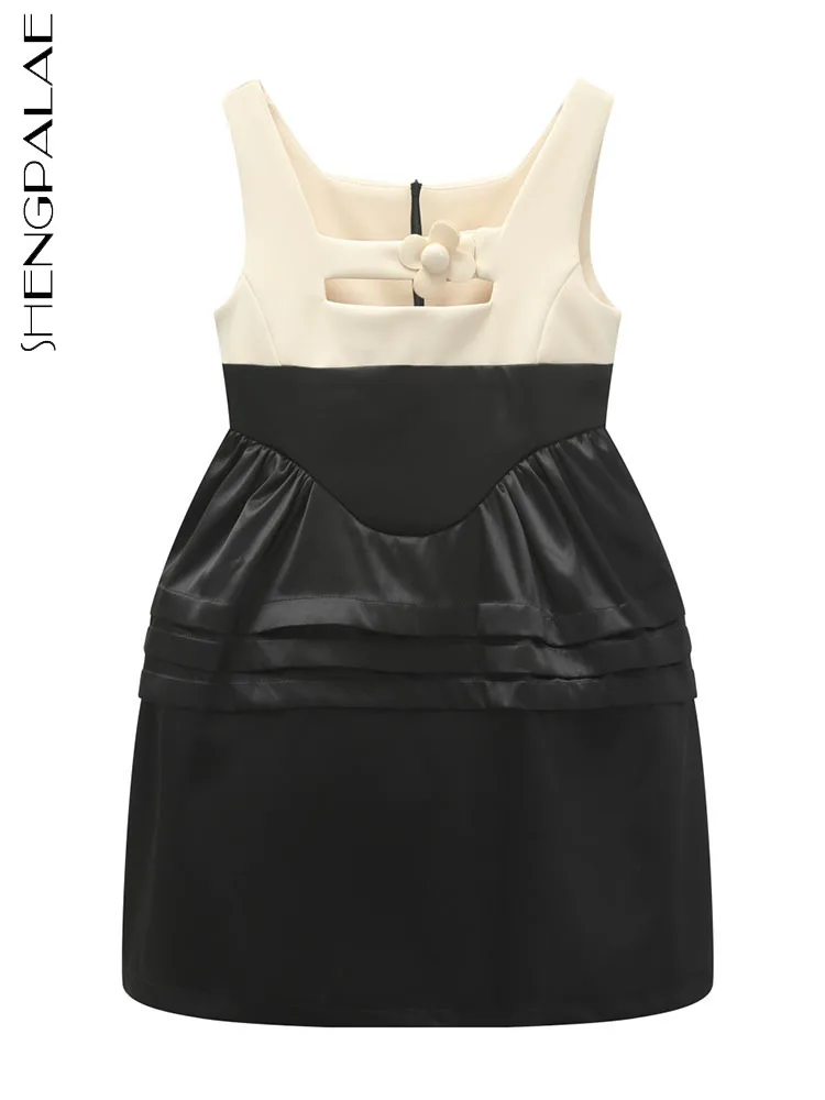 

SHENGPALAE 2022 Summer New Sweet Flower Decoration Patchwork Hollow Out Party Dresses Female Spaghetti Strap Ball Gown Dress 5Q8