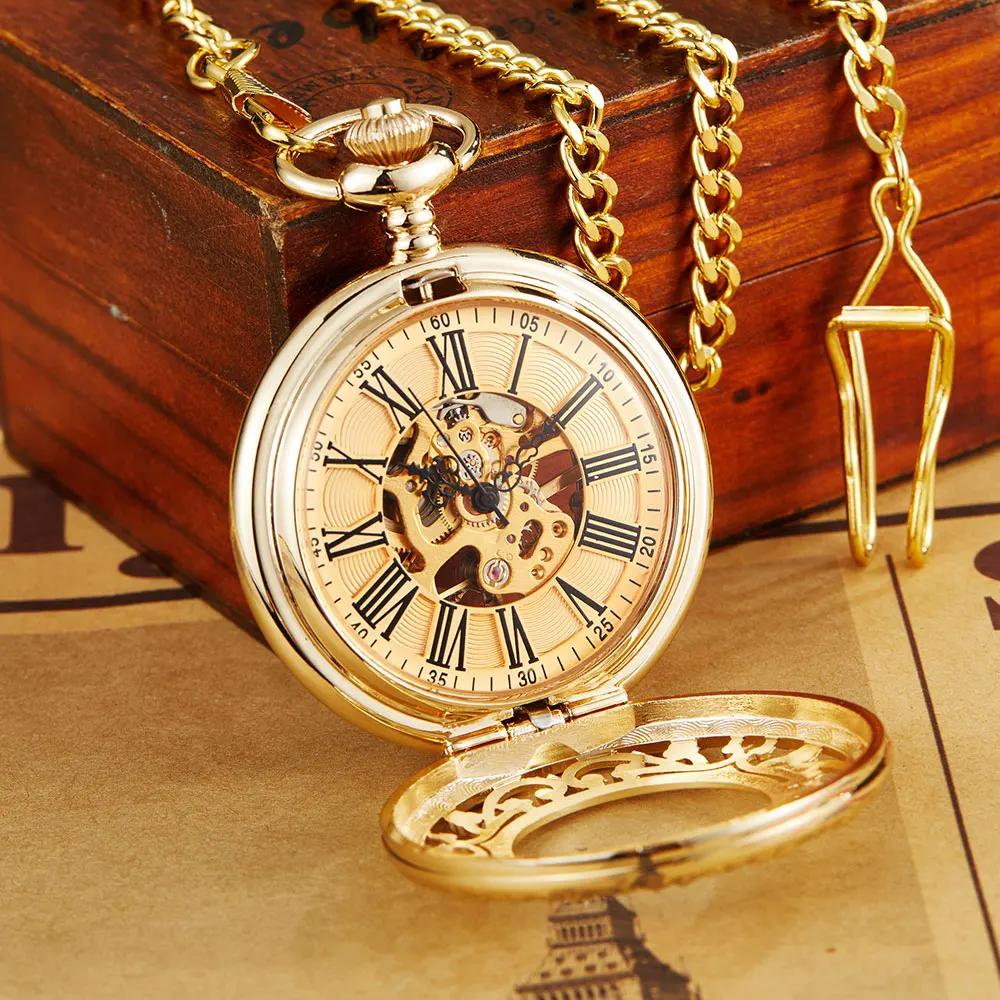 Necklace Watch Vintage Steampunk Mechanical Pocket Watch With Chain Hollow Hand-winding Pendant Clock Men Women Gold Bronze Gift