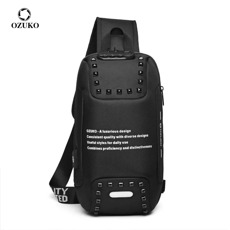 

OZUKO New Fashion Rivet Men Crossbody Bags USB Anti-theft Chest Pack Short Trip Waterproof Messenger Bag Male Sling Shoulder Bag