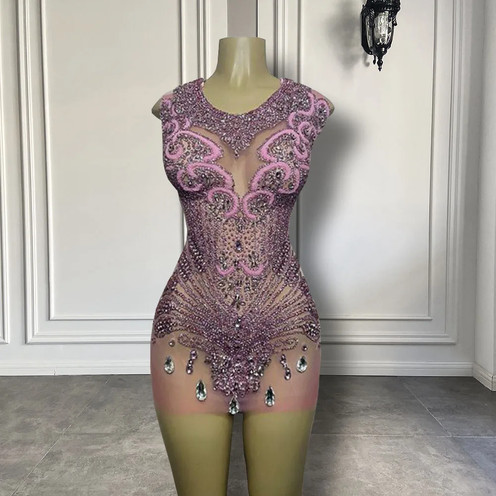 

Luxury Sparkly Heavy Beads Pink See Through African Black Girls Short Prom Dresses 2022 For Birthday Party