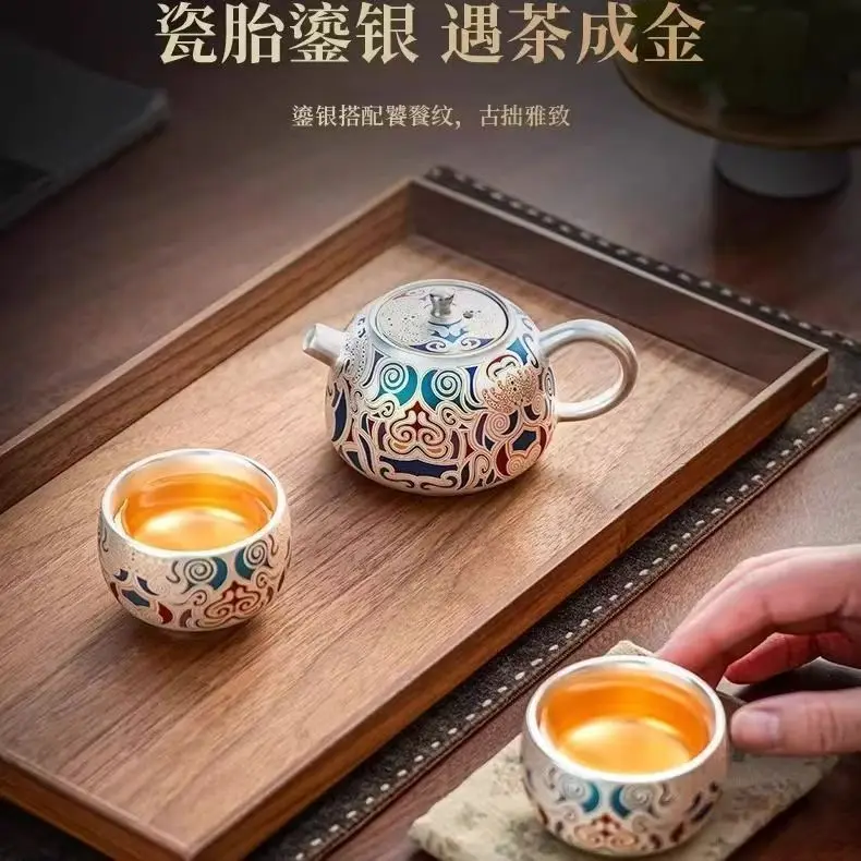 Фото Новый серебряный чайный набор Dunhuang: портативный чайник ручной работы, подарочный набор для чаепития Кунг-фу в подарочной коробке №3