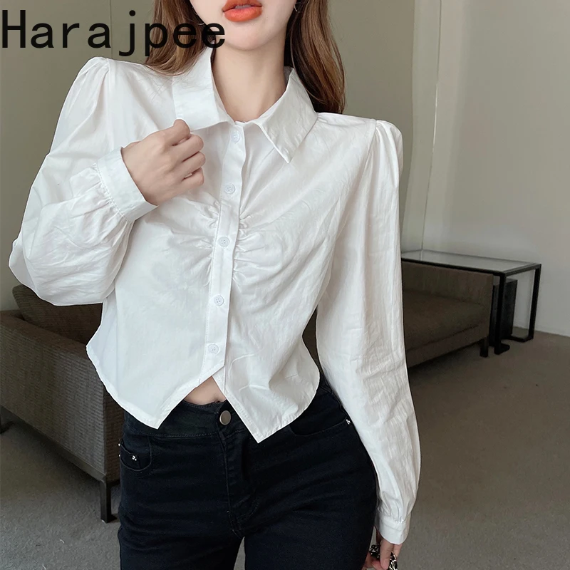 

Базовая Блузка Harajpee с пышными рукавами, однотонная хлопковая рубашка, облегающая Весенняя Новинка 2022, корейские простые шикарные Короткие ...