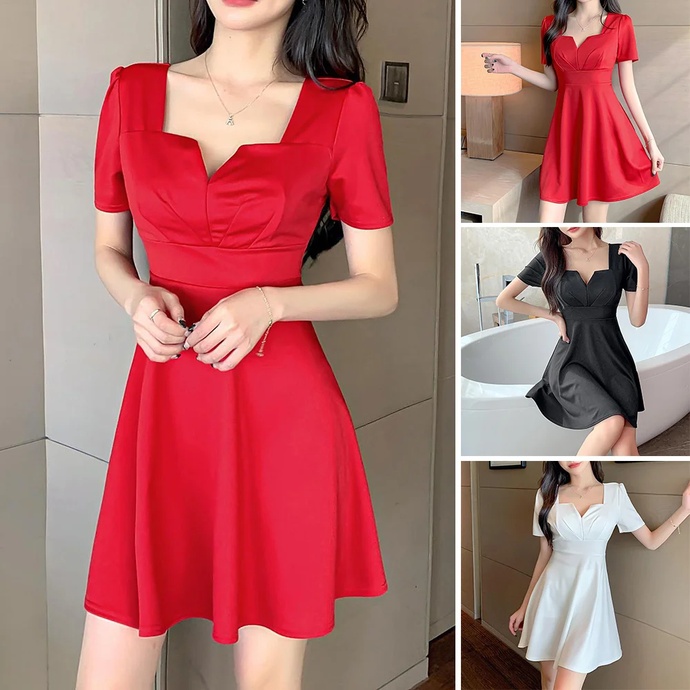 

Women's Summer Dress Square and V Neck Short Sleeve High Waist Formal Dress Slim Waist S-2XL Korean Style Office Dress Newly