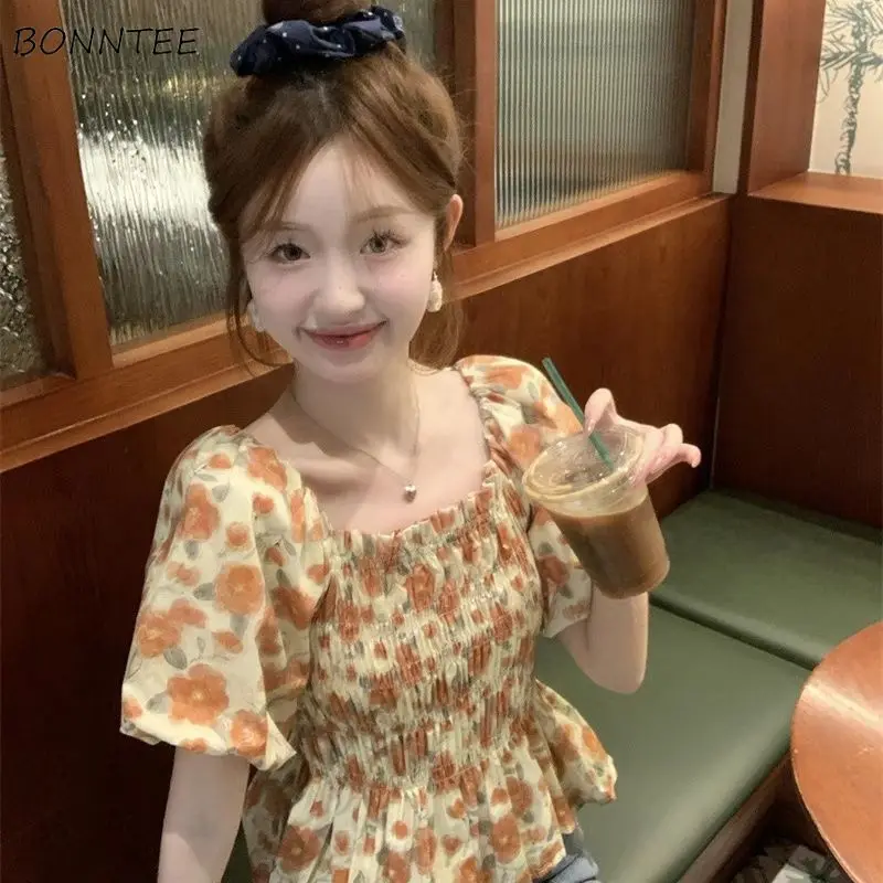 Блузки с цветочным принтом женские плиссированные топы квадратным воротником и