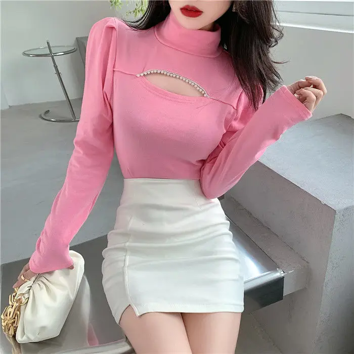 Женские футболки топ с бисером для женщин осенне-зимние розовые длинным рукавом |