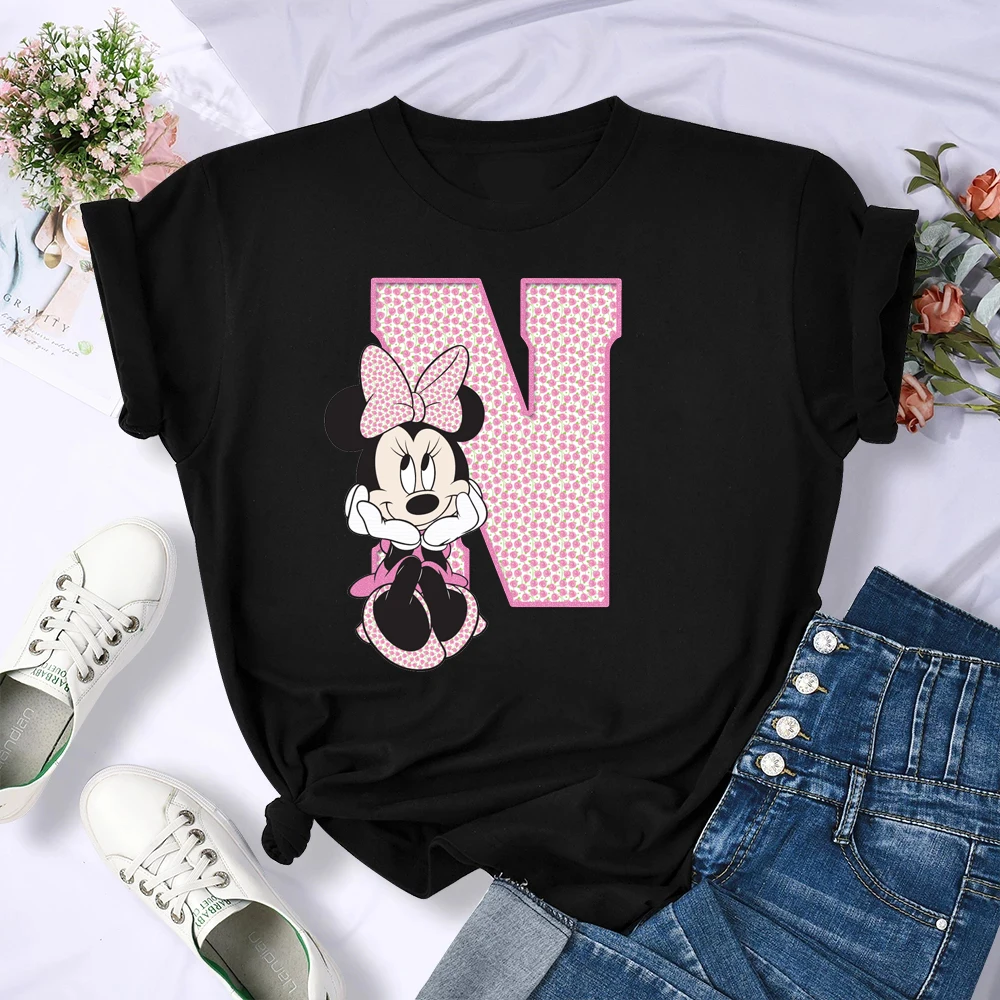 

Fashion Letter Combination Women T-shirt 2023 New Disney Minnie Mouse Font A B C D Print Short Sleeve Tshirt Y2k Clothes Tops