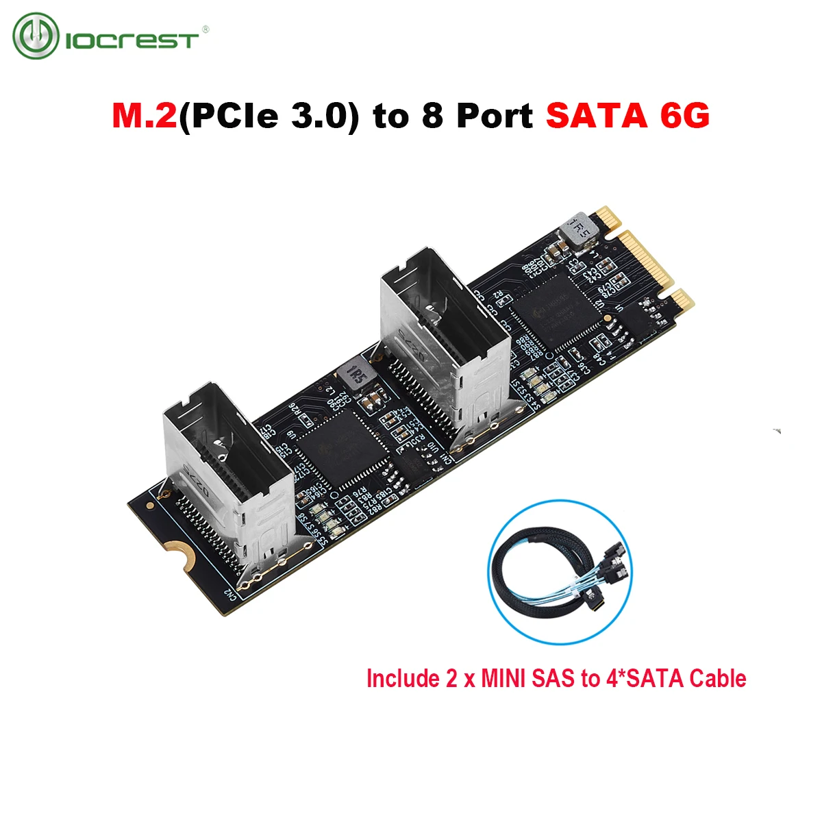 IOCREST M.2 PCIe3.0 to 8 Ports SATA 6G Multiplier Controller Card B/M key NGFF Each Port Arrive 6Gbps with 2 Mini SAS Interface
