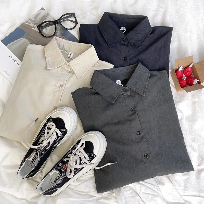 

Solid Lapel Skin Velvet Button Up Women Shirts Beige / Gray / Black Spring Blouse