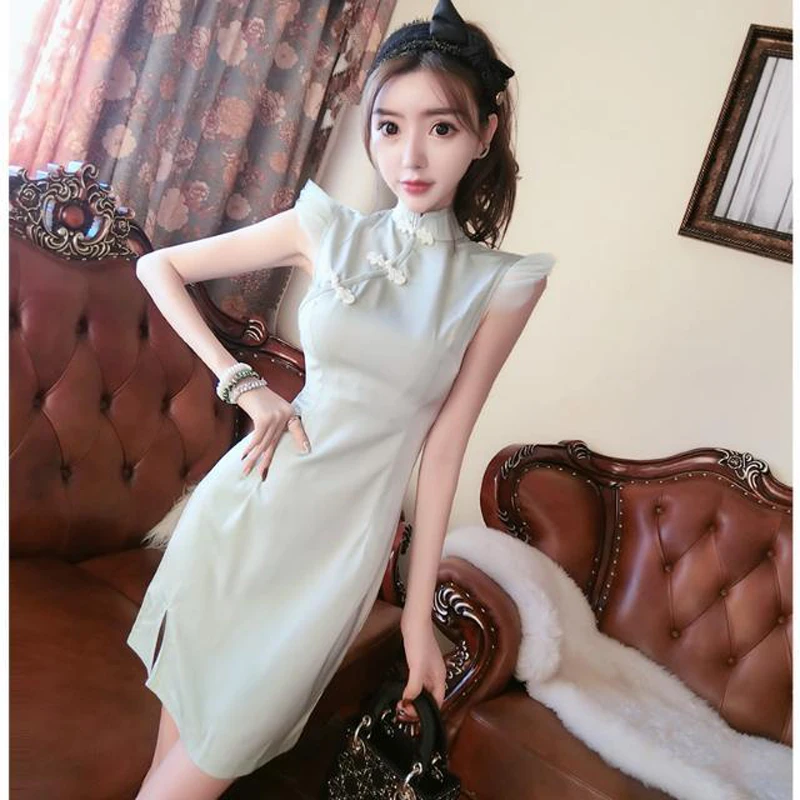 

Женское винтажное облегающее мини-платье, элегантное однотонное облегающее платье с оборками и коротким рукавом, летнее сексуальное платье-Ципао с высокой талией