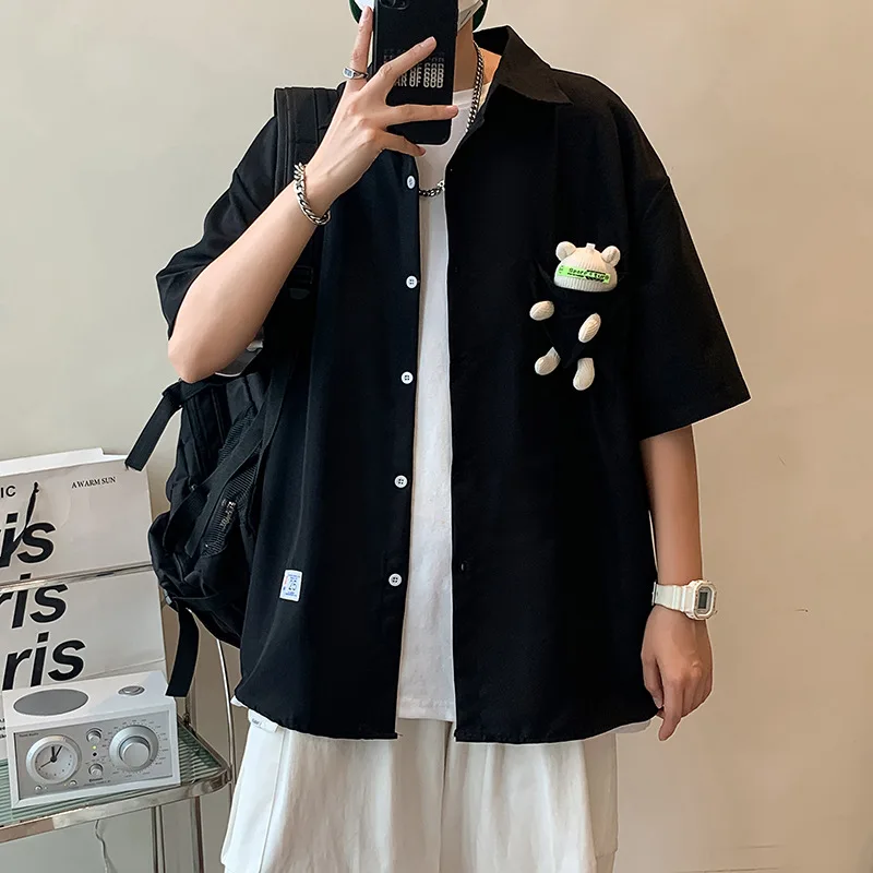 Black Shirts Men Summer Cartoon Doll Bear Blouse Fashion Vintage Cardigan Short Sleeve Tops Casual Male Y2K Clothes Streetwear