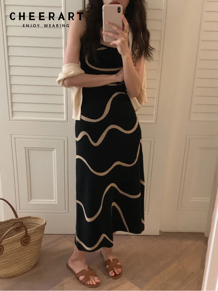 

Черное Трикотажное Платье CHEERART на бретелях-спагетти, женское облегающее длинное платье-миди с открытой спиной, дизайнерская одежда 2022