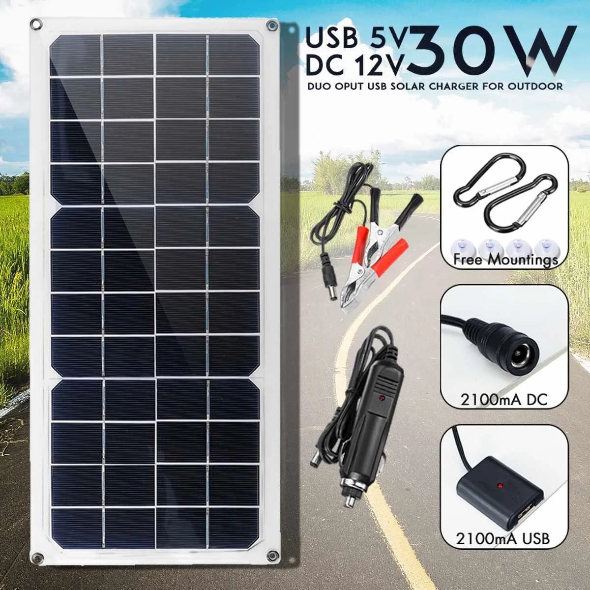

30W Solar Panel 12V Monocrystalline USB Power Portable Outdoor Solar Cell Car Ship Camping Hiking Travel Phone Charger
