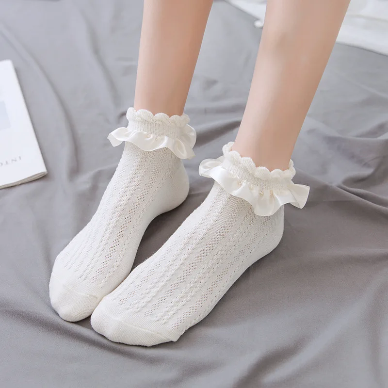 

Lolita Socks Women's Ruffle Socks With Frill Black White Kawaii Cotton Lace Socks Low Cut Socks Cartoon Sweet Girls Hosiery