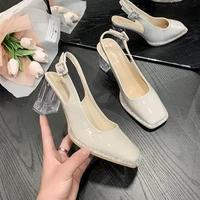 2022 new genuine leather sandals women square toe med heels shoes ladies solid buckle strap dress shoes