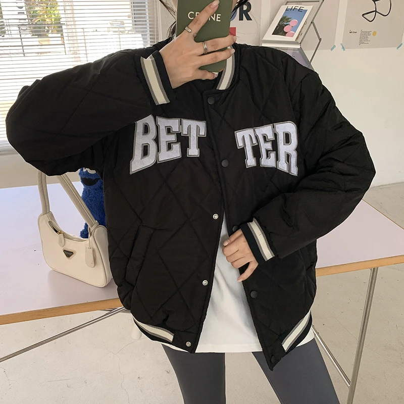 Women Letter Print Cotton Parkas 2022 Winter Fashion  Baseball Coats White Black Casual Argyle Outerwear Y2K Patchwork Jacket