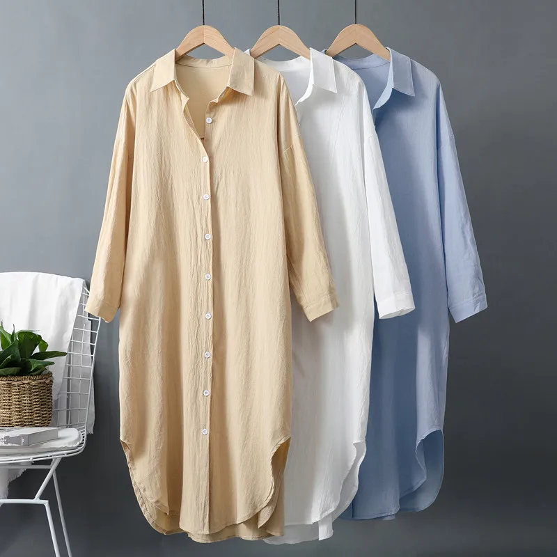 

TFETTERS 2023 Spring and Autumn New Long Shirt Women Cotton Hemp Loose Design Casual Shirt Korean Fashion Sunscreen Shirt Coat