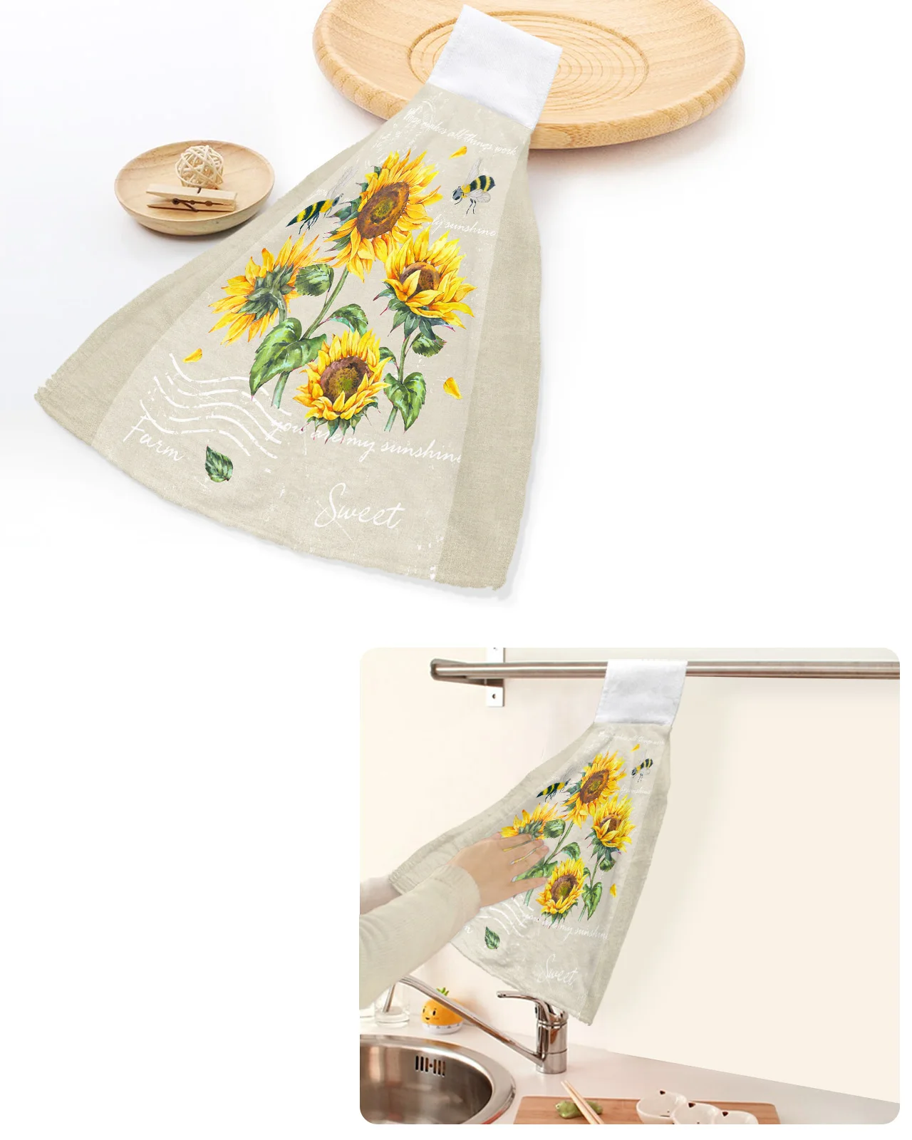 

Farm Rustic Retro Flowers Sunflower Bee Hand Towels Home Kitchen Bathroom Hanging Dishcloths Loops Absorbent Custom Wipe Towel