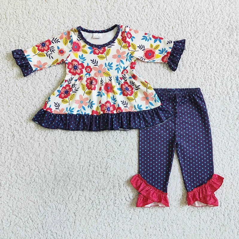 

Wholesale Baby Girls Flower Tunic Ruffle Navy Dots Ruffle Pants Long Sleeve Set Kids Boutique Outfits Clothing Children Clothes