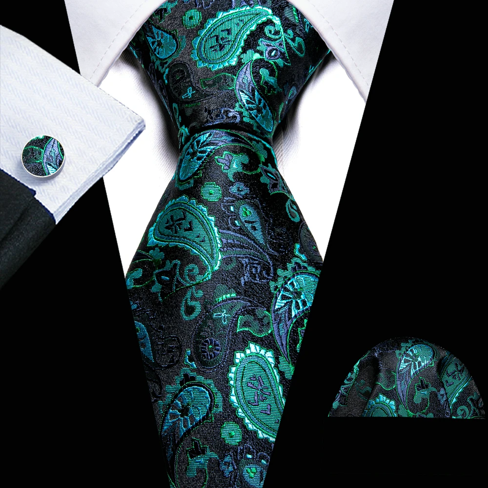 

Designer Silk Men Tie Set Blue Teal Black Green Paisley Necktie Handkerchief Cufflinks Wedding Gift Dropship Barry. Wang A-5979