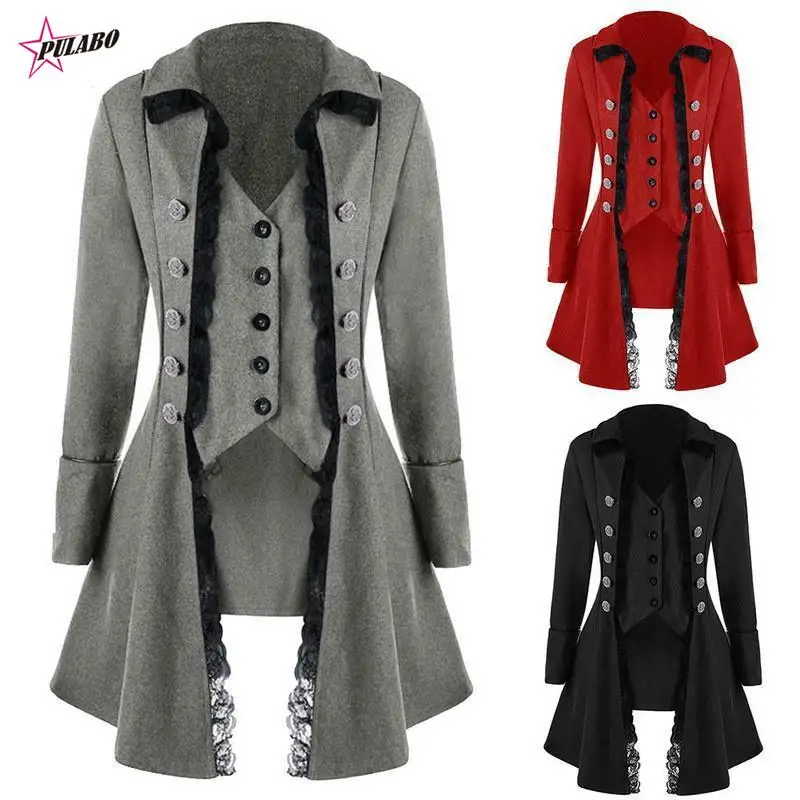 

Autumn Winter Women Trim Long Medieval Jacket Gothic Lady Cosplay Solid Long Sleeve Three-Breasted Irregular Tops