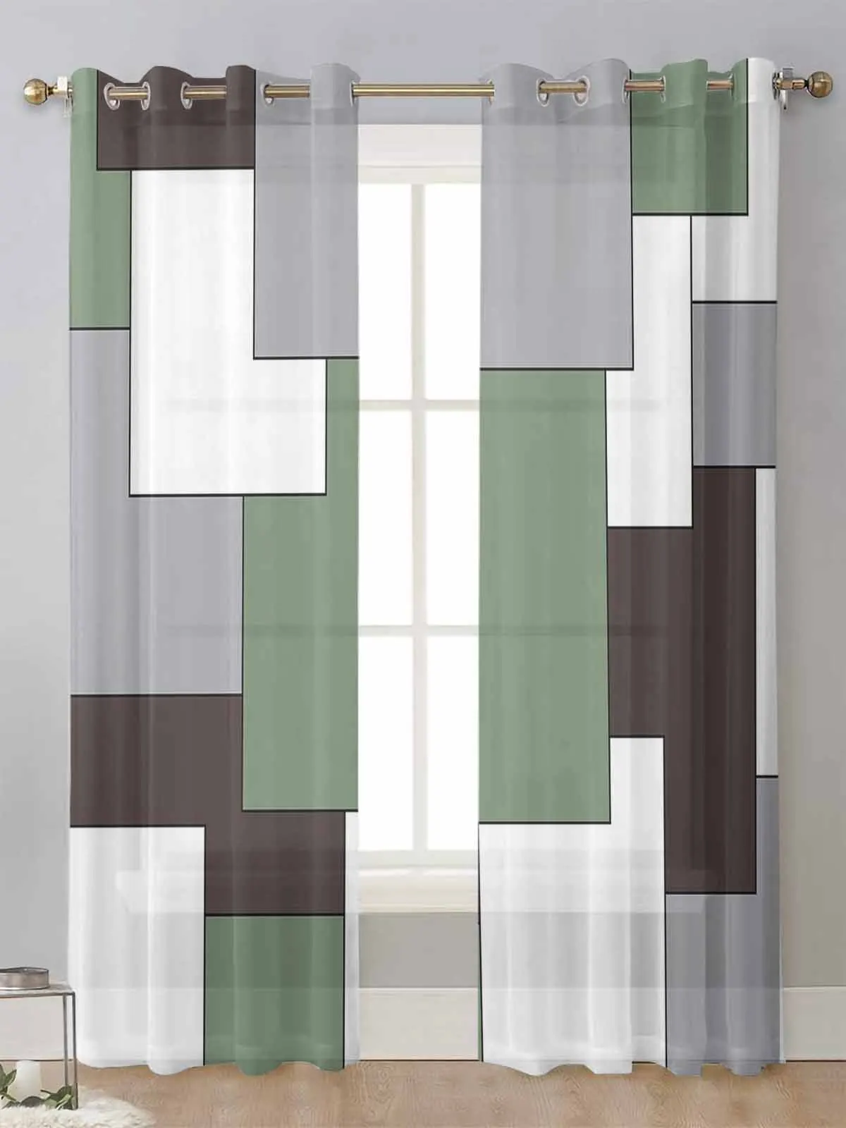 

Mid Century Green Grey White Patchwork Abstract Art Sheer Curtains Living Room Window Voile Tulle Curtain Drapes Home Decor