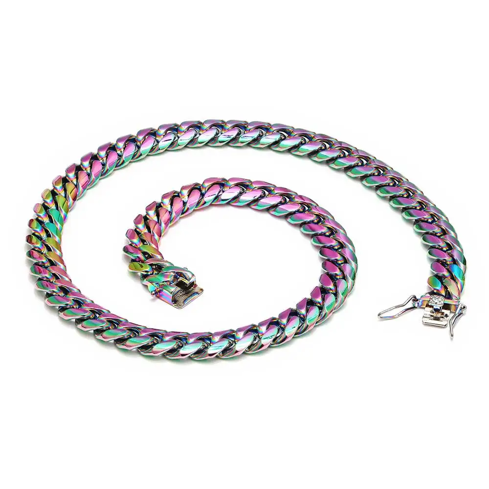

High Quality Hip Hop Jewelry Rainbow Color Miami Stainless Steel Cuban Link Chain Men Necklace