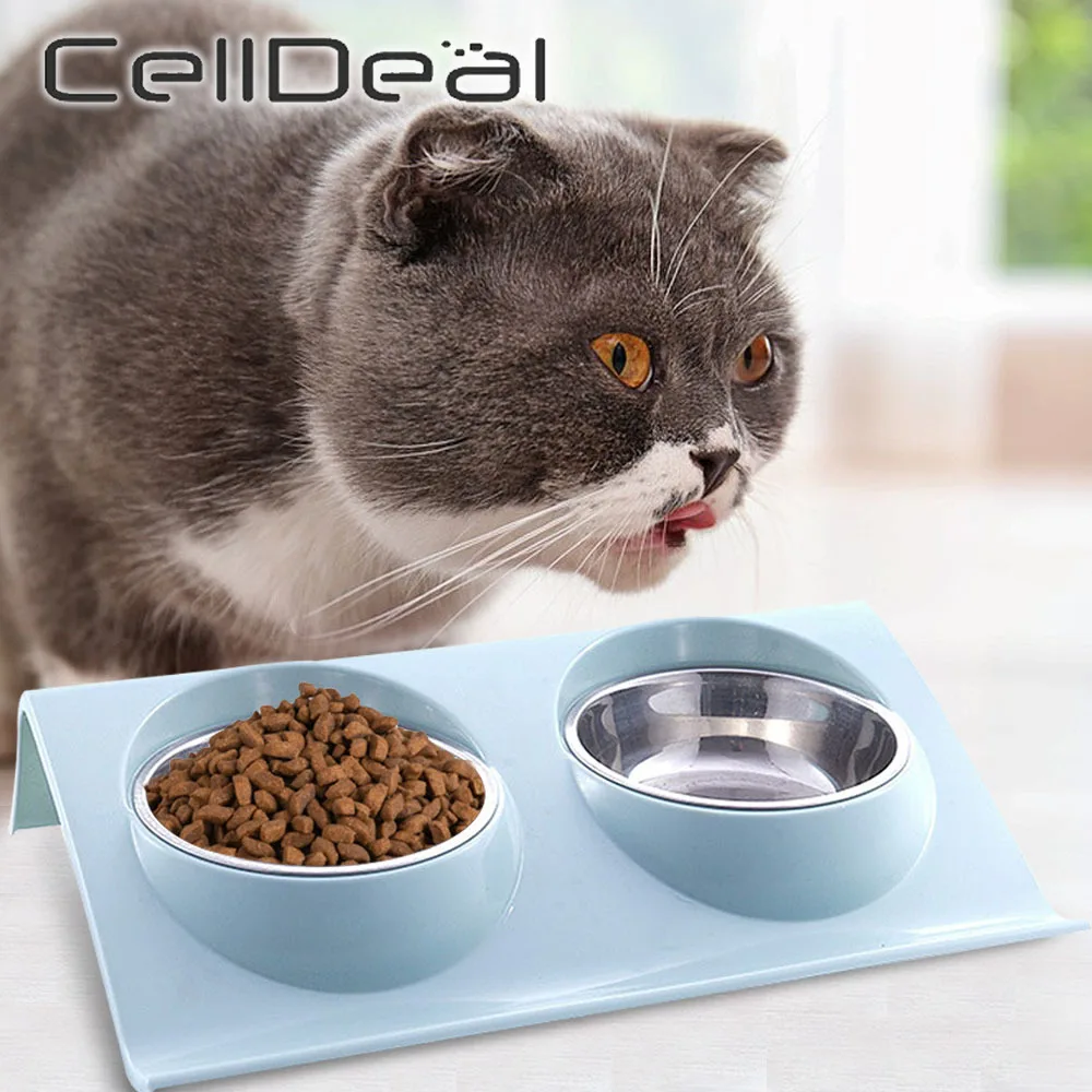 

Double Bowl Cat Food Basin Pet Stainless Steel Oblique Rice Bowls Dog Cat Feeding Station Splash Proof Leak Proof Pets Supplies