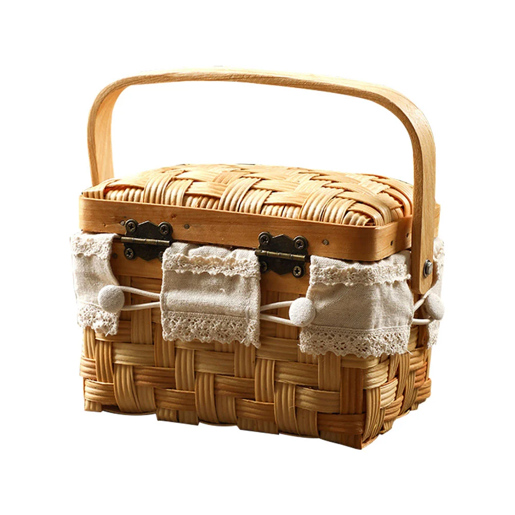 

1pc Portable Moon Cake Storage Basket Gift Box Handwoven Wooden Food Basket