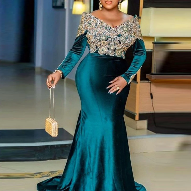 

Aso Ebi Mermaid Evening Gowns Dark Green Long Sleeves Lace Appliques Prom Dresses V Neck Saudi Arabia Formal Party Dress Robe
