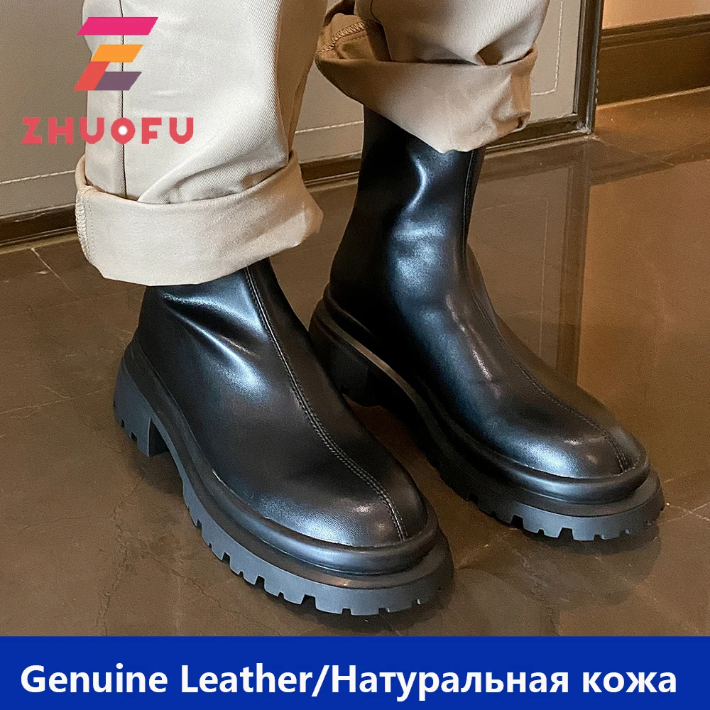 

ZHUOFU 2023 новая обувь на платформе женские ботинки с круглым носком на молнии весна осень модные женские ботильоны женские ботинки челси