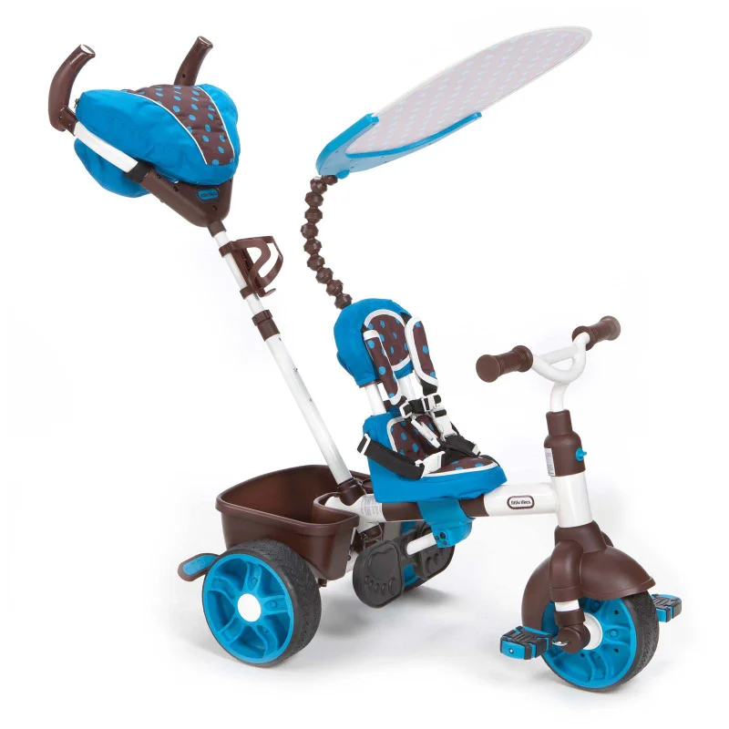 Little Tikes 4-in-1 Sports Trike in Blue and White, Convertible Tricycle for Toddlers with 4 Stages of Growth and Shade Canopy