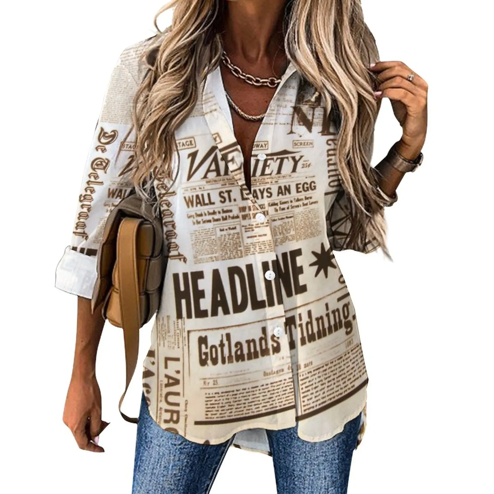 

Newspaper Design Loose Blouse Vintage Print Classic Oversized Blouses Female Long Sleeve Vintage Shirt Autumn Custom Top