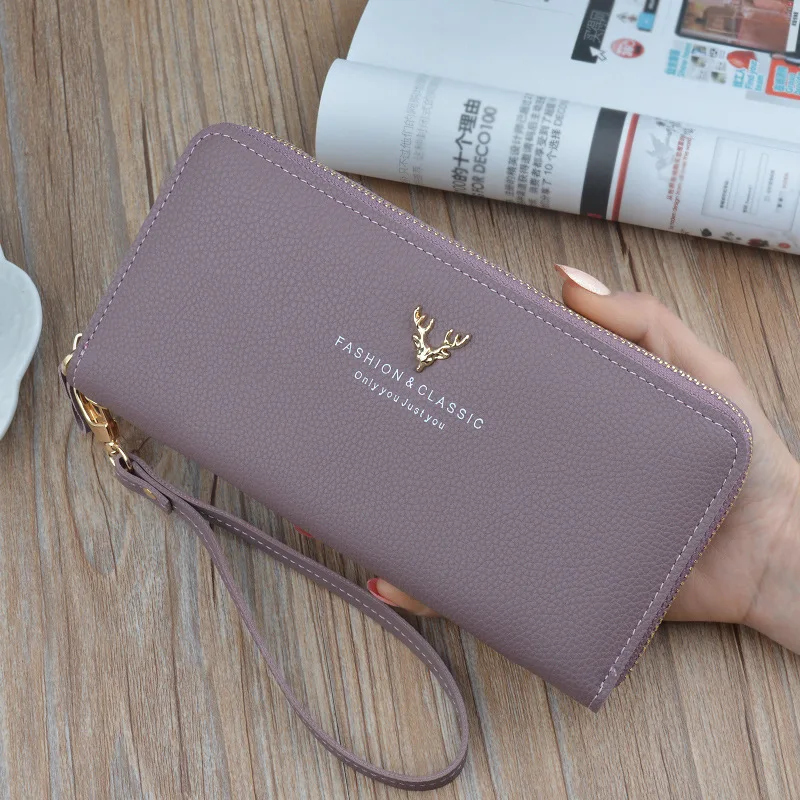 

Women's Wallet Zipper Pu Leather Deer Head Long Coin Pursrs Female Solid Color Wristband Card Holder Clutch Money Clip